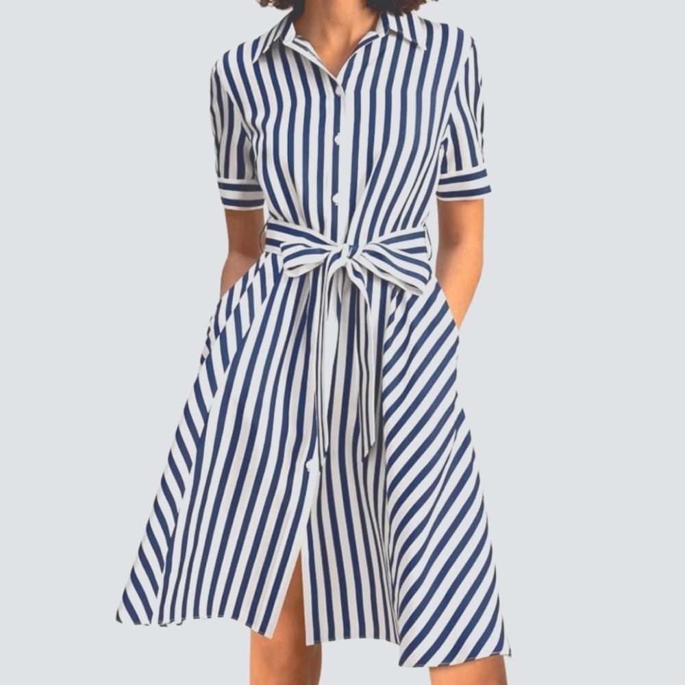 LilySilk Scarlet Silk Shirtdress for Women Short Sleeve Striped Long Shirt Dress